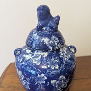 Decorative Blue Ceramic Vase/Dish with Dog Figure on Top